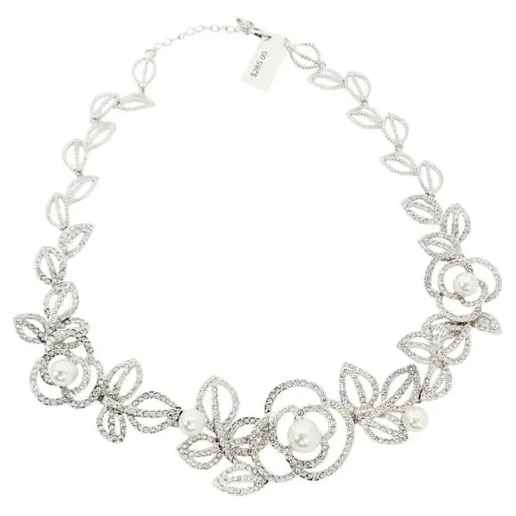 Elegant Rhinestone & Acrylic Pearl Silver Floral Necklace - Picture 1 of 6